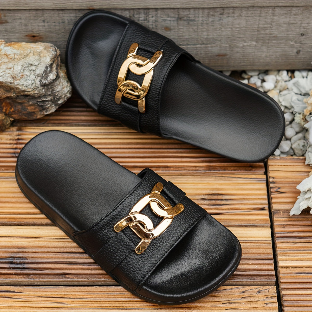 1 Pair Women'S Summer Fashion Elegant Golden Buckle Round Toe Slides, Casual Comfort Slip-On Sandals for Beach, Party, Commute, Indoor & Outdoor - Low Heel, Polyurethane Upper, Fabric Inner, EVA Sole & Insole - BUY24 Live Store