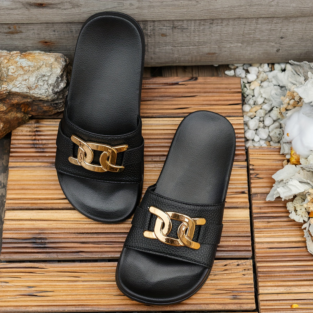 1 Pair Women'S Summer Fashion Elegant Golden Buckle Round Toe Slides, Casual Comfort Slip-On Sandals for Beach, Party, Commute, Indoor & Outdoor - Low Heel, Polyurethane Upper, Fabric Inner, EVA Sole & Insole - BUY24 Live Store