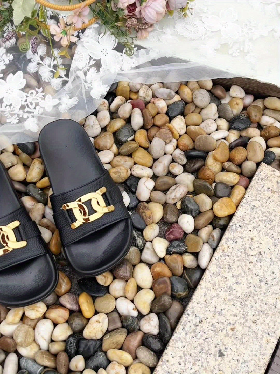 1 Pair Women'S Summer Fashion Elegant Golden Buckle Round Toe Slides, Casual Comfort Slip-On Sandals for Beach, Party, Commute, Indoor & Outdoor - Low Heel, Polyurethane Upper, Fabric Inner, EVA Sole & Insole - BUY24 Live Store