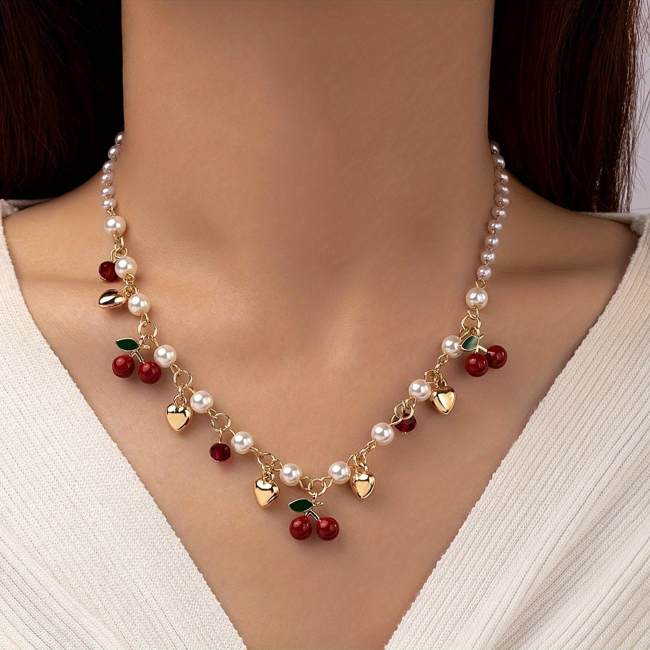 1 Strand Lady's Cherry Beads Golden Heart Shape Charms Design Necklace, Elegant Personality Versatile Party Banquet Daily Wear Jewelry - BUY24 Live Store