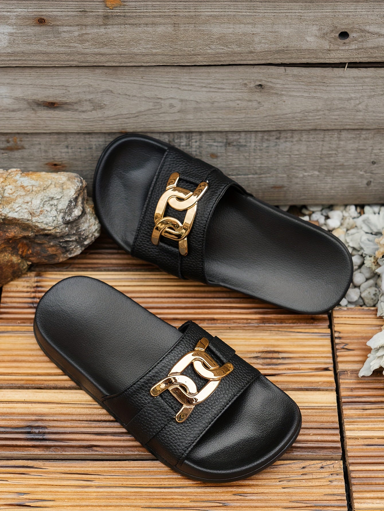 1 Pair Women'S Summer Fashion Elegant Golden Buckle Round Toe Slides, Casual Comfort Slip-On Sandals for Beach, Party, Commute, Indoor & Outdoor - Low Heel, Polyurethane Upper, Fabric Inner, EVA Sole & Insole - BUY24 Live Store