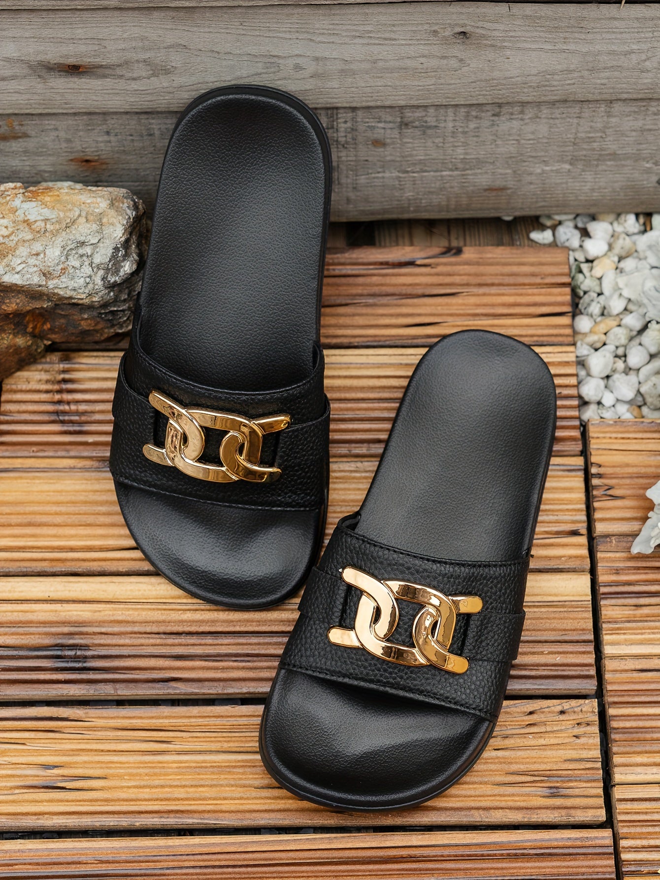 1 Pair Women'S Summer Fashion Elegant Golden Buckle Round Toe Slides, Casual Comfort Slip-On Sandals for Beach, Party, Commute, Indoor & Outdoor - Low Heel, Polyurethane Upper, Fabric Inner, EVA Sole & Insole - BUY24 Live Store