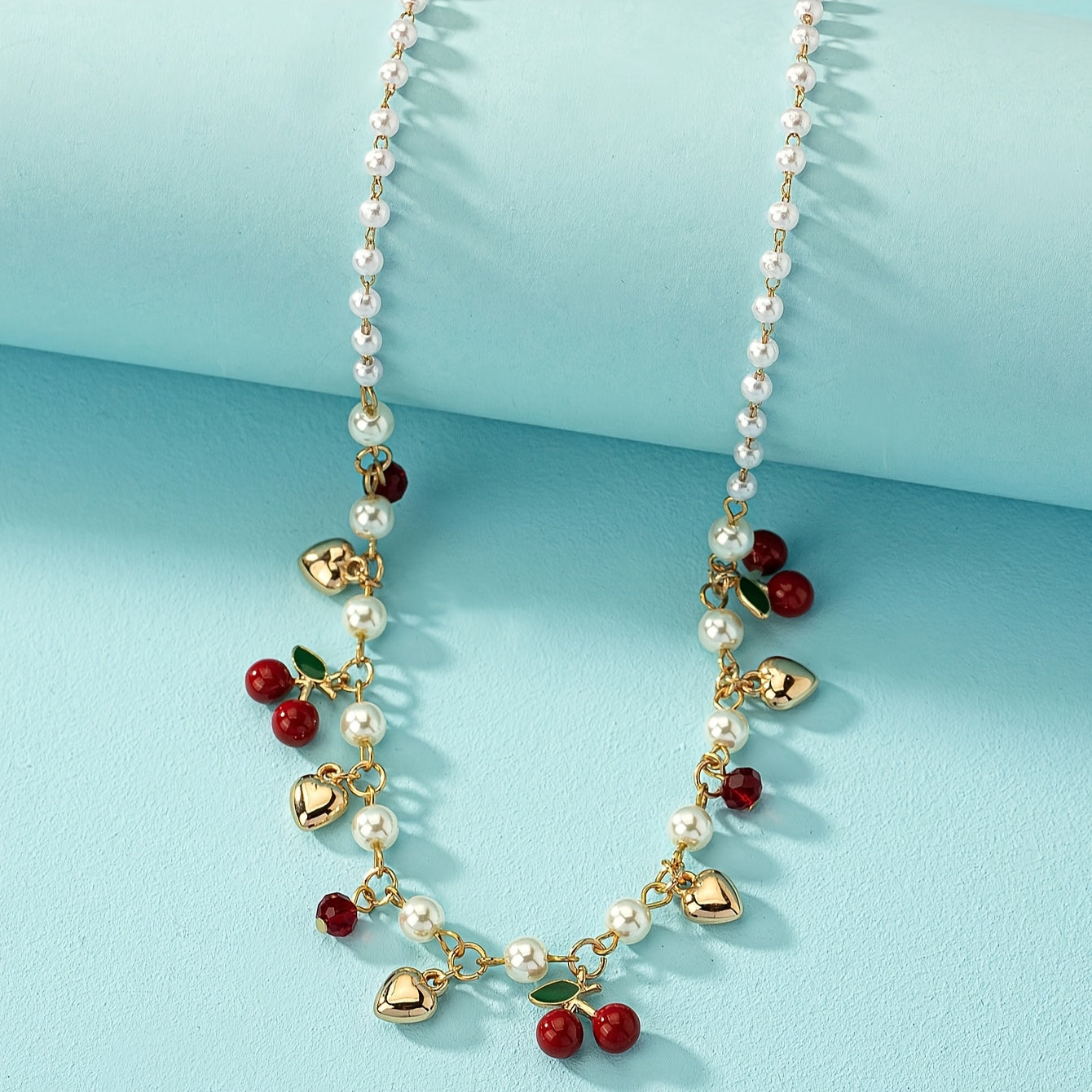 1 Strand Lady's Cherry Beads Golden Heart Shape Charms Design Necklace, Elegant Personality Versatile Party Banquet Daily Wear Jewelry - BUY24 Live Store