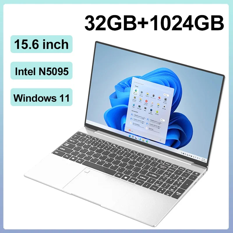 2025 New Laptop 15.6 Inch 32GB Ram DDR4 2TB SSD Windows 11/10 Notebook Pc Gamer Intel N5095 Office Computer Backlit Fingerprint