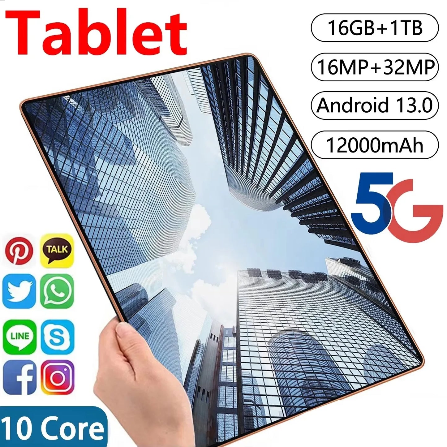 2025 5G Tablet Android 13.0 Brand New 11.6 inch 16GB RAM 1TB ROM Tablet 16MP 32MP 12000mAh 10Core WIFI Bluetooth Network Tablet