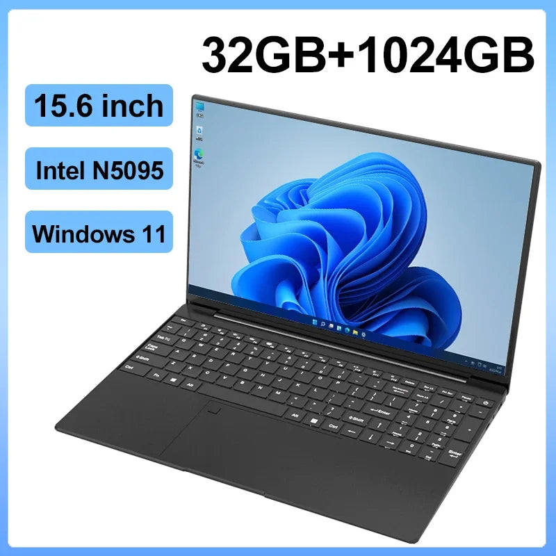 2025 New Laptop 15.6 Inch 32GB Ram DDR4 2TB SSD Windows 11/10 Notebook Pc Gamer Intel N5095 Office Computer Backlit Fingerprint