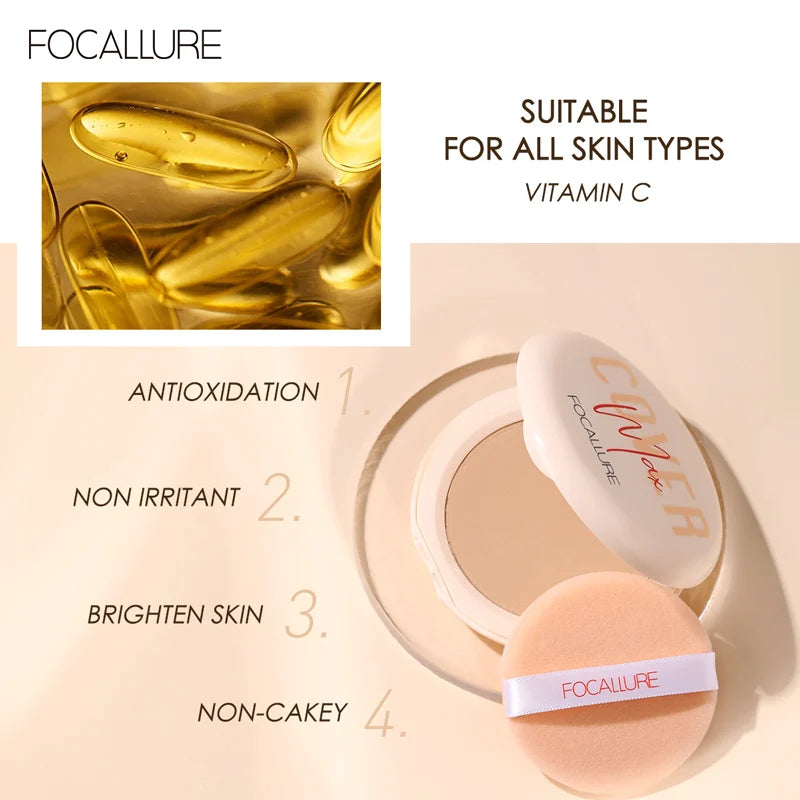 FOCALLURE Natural Matte Pressed Powder Oil Control Brighten Whitening Face Base Foundation Compact Concealer Makeup Cosmetics