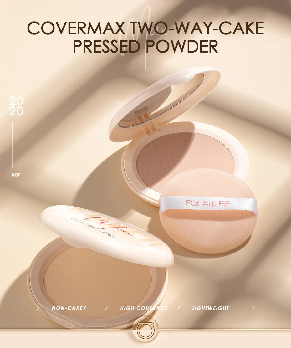 FOCALLURE Natural Matte Pressed Powder Oil Control Brighten Whitening Face Base Foundation Compact Concealer Makeup Cosmetics