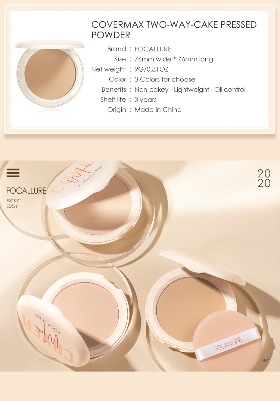 FOCALLURE Natural Matte Pressed Powder Oil Control Brighten Whitening Face Base Foundation Compact Concealer Makeup Cosmetics