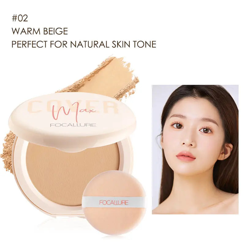 FOCALLURE Natural Matte Pressed Powder Oil Control Brighten Whitening Face Base Foundation Compact Concealer Makeup Cosmetics