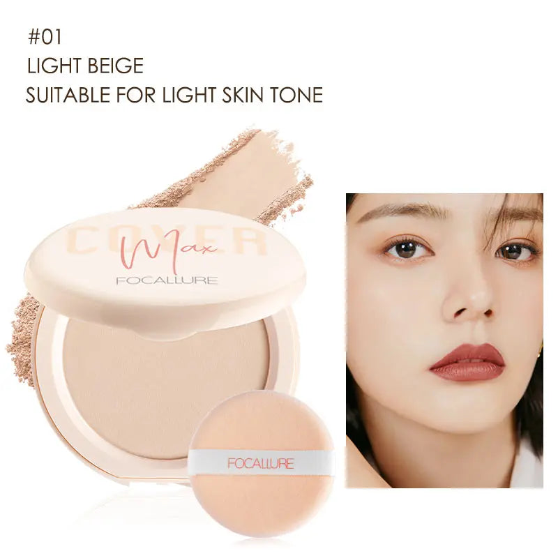 FOCALLURE Natural Matte Pressed Powder Oil Control Brighten Whitening Face Base Foundation Compact Concealer Makeup Cosmetics