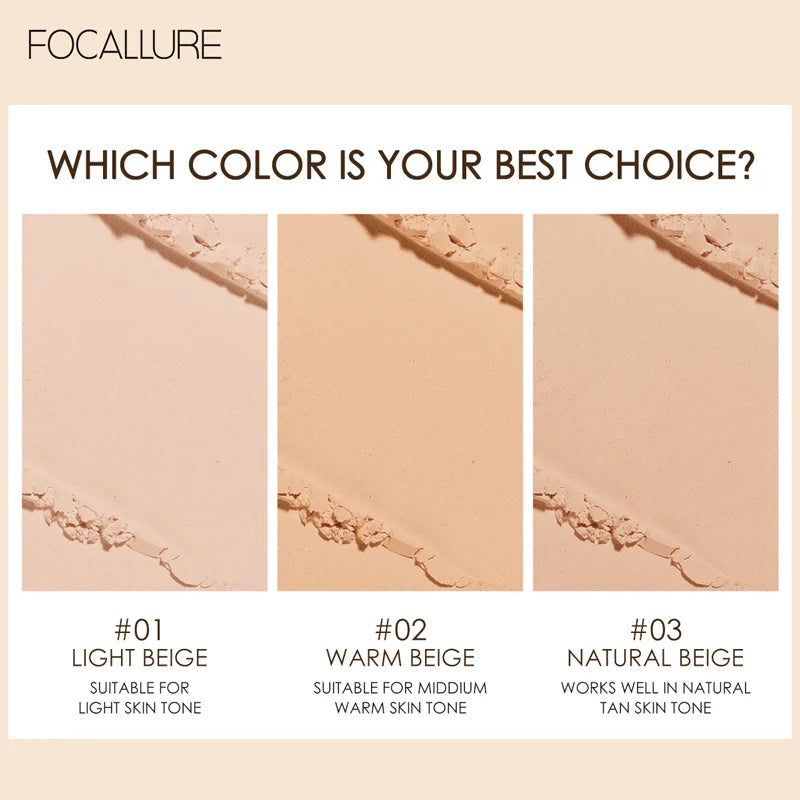 FOCALLURE Natural Matte Pressed Powder Oil Control Brighten Whitening Face Base Foundation Compact Concealer Makeup Cosmetics