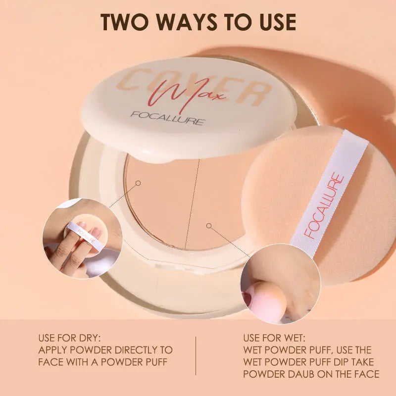 FOCALLURE Natural Matte Pressed Powder Oil Control Brighten Whitening Face Base Foundation Compact Concealer Makeup Cosmetics