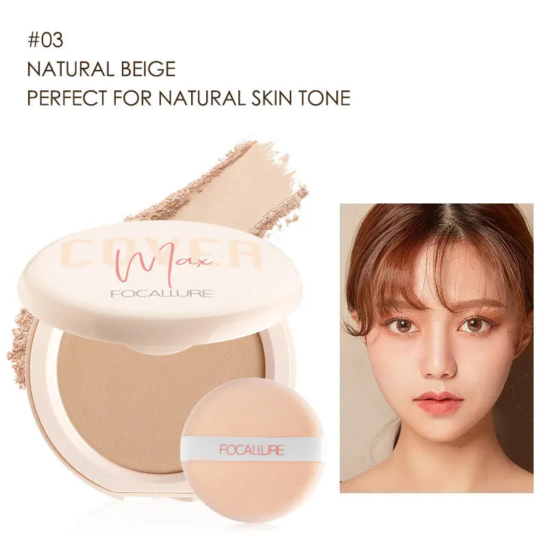 FOCALLURE Natural Matte Pressed Powder Oil Control Brighten Whitening Face Base Foundation Compact Concealer Makeup Cosmetics