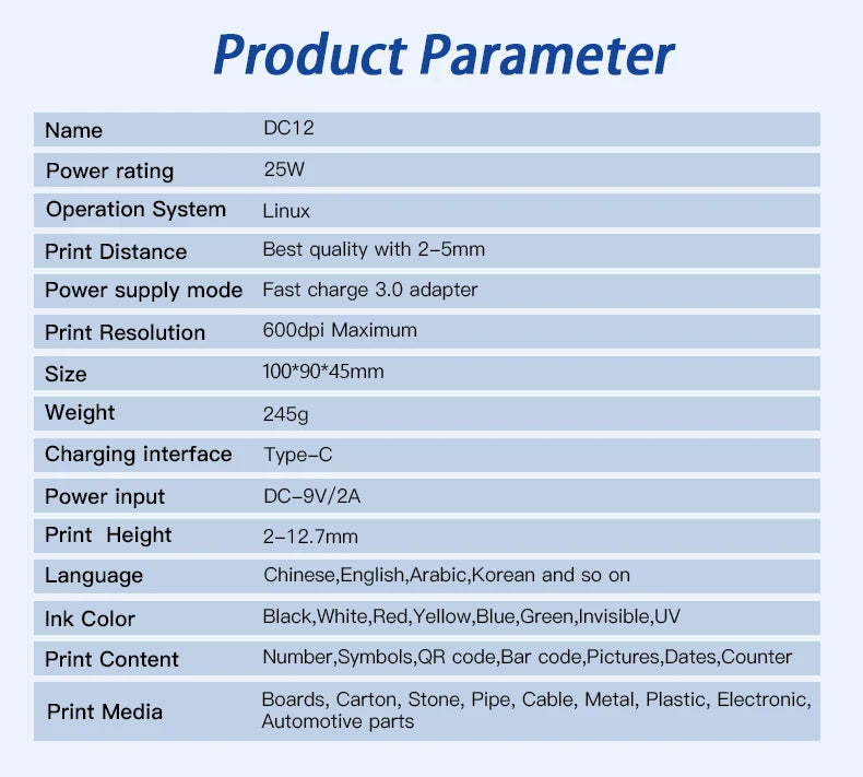 DCODE DC12 Portable Mini Split Printer 12.7mm Handheld Inkjet Printer Non-encrypted QR Barcode Image Logo Date Coding Machine