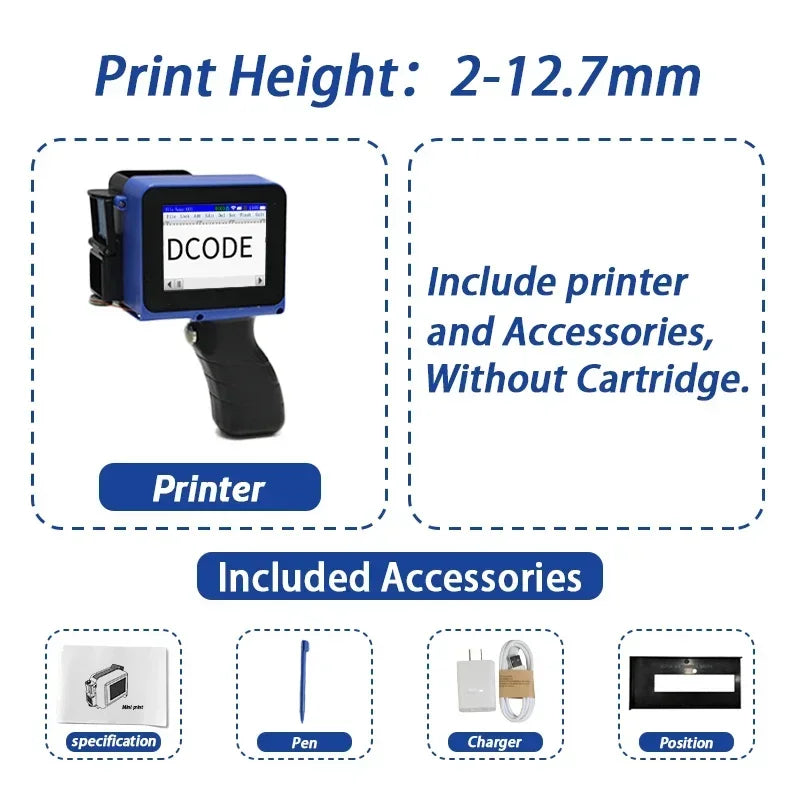 DCODE DC12 Portable Mini Split Printer 12.7mm Handheld Inkjet Printer Non-encrypted QR Barcode Image Logo Date Coding Machine