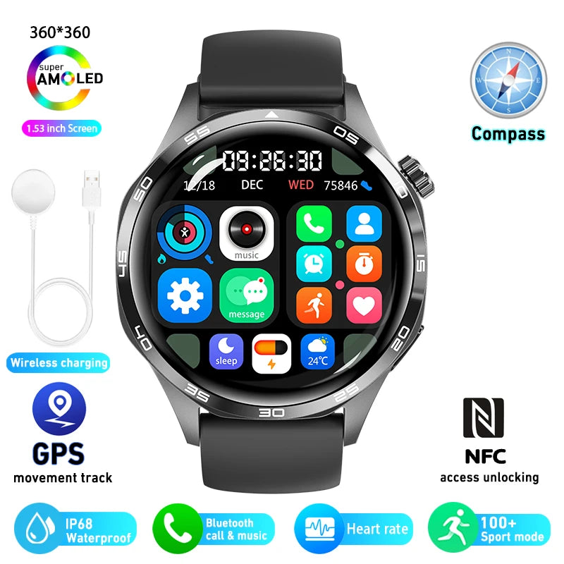 For HUAWEI GT5 Pro GPS NFC Smart Watch Men 360*360 AMOLED Screen Heart rate Bluetooth Call IP67 Waterproof Man Smartwatch 2024