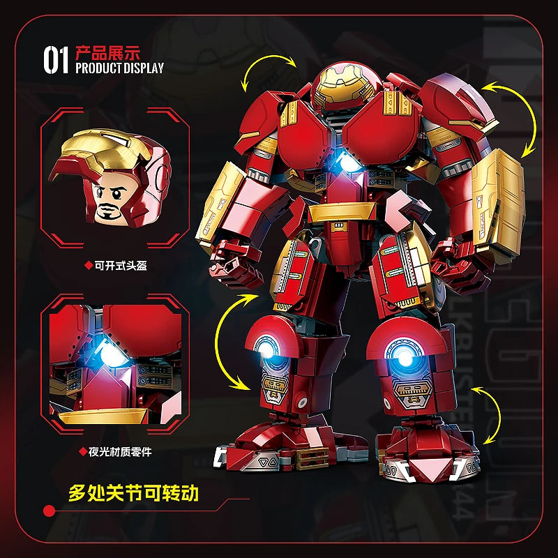 2024 Marvel Avengers Superhero Iron Man Mark44 Hulk Buster Classic Mecha Robotics Model Building Blocks Kits Bricks DIY Kids Toy