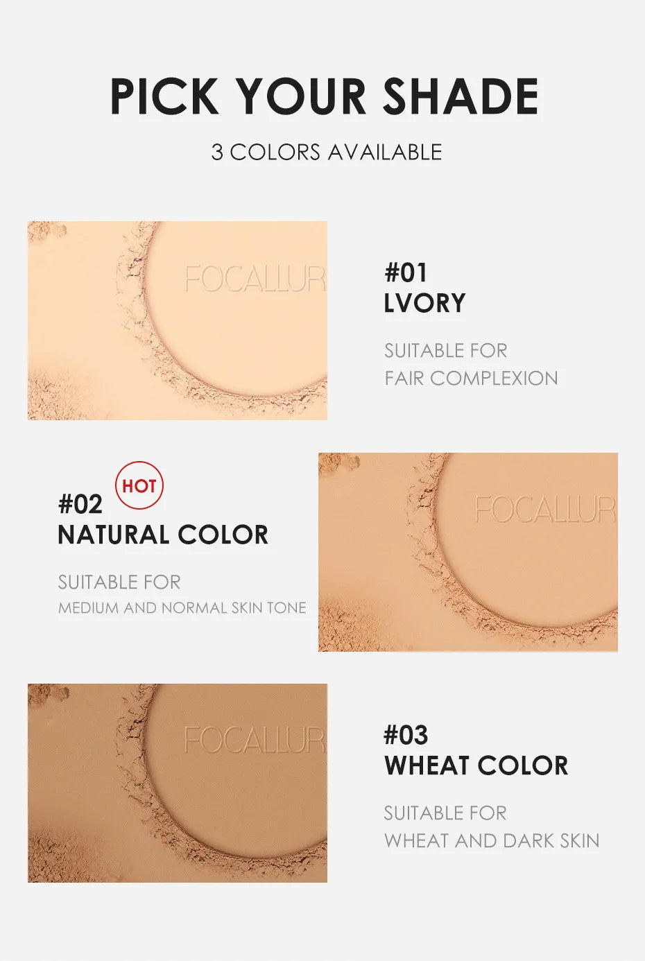 FOCALLURE 3 Colors Make Up Face Powder Brighten Oil-control Nude Makeup Pressed Powder Foundation Makeup Base Cosmetics