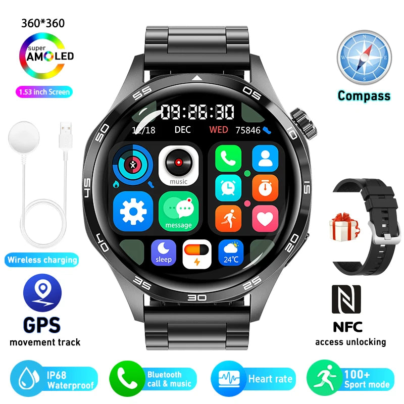 For HUAWEI GT5 Pro GPS NFC Smart Watch Men 360*360 AMOLED Screen Heart rate Bluetooth Call IP67 Waterproof Man Smartwatch 2024