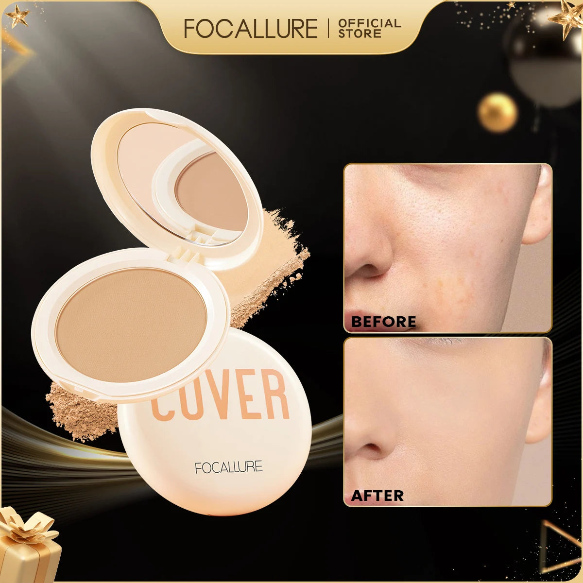 FOCALLURE Natural Matte Pressed Powder Oil Control Brighten Whitening Face Base Foundation Compact Concealer Makeup Cosmetics